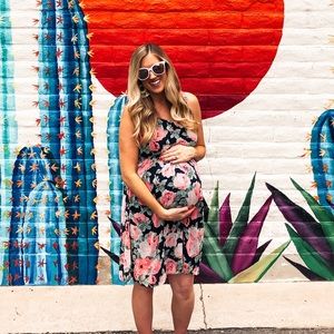 Navy Blue Floral Chiffon Maternity Dress